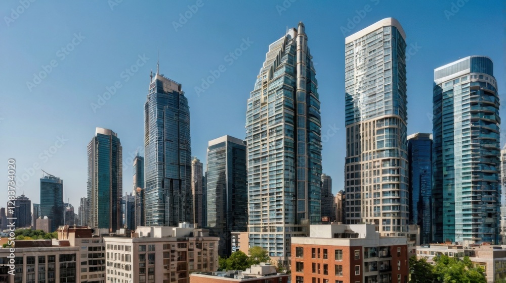 Fototapeta premium City Skyline with Tall Buildings Under Clear Sky in Daytime Featuring Modern Architecture and Urban Landscape
