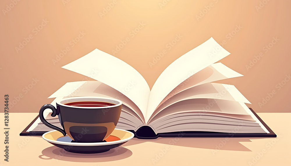 Open book with cup of coffee on wooden table Open book with cup of coffee on wooden table