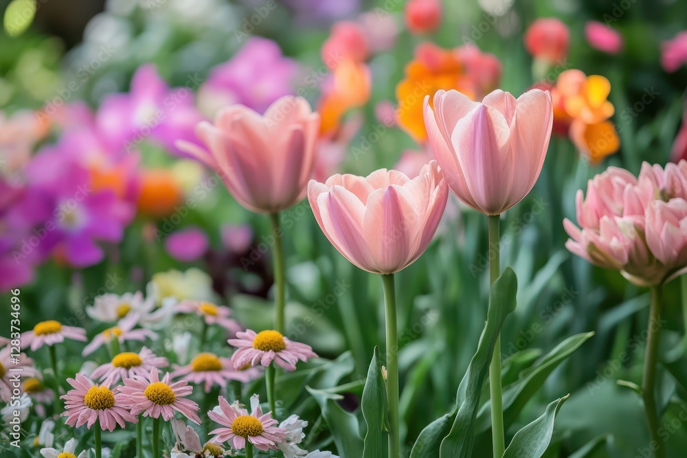 Delicate Pink Tulips in a Spring Garden, Delicate Pink Tulips in a Spring Garden,