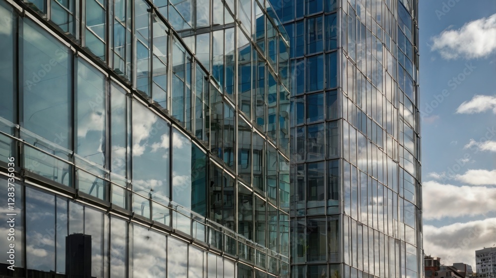 Close Up Side View of Two Modern Office Towers with Reflective Glass Facades on a Sunny Day with a Blue Sky Close Up Side View of Two Modern Office Towers with Reflective Glass Facades on a Sunny Day with a Blue Sky
