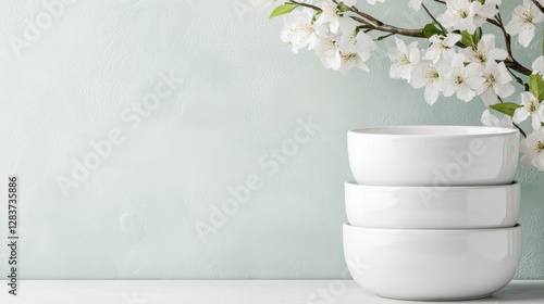 This image features a serene arrangement of three white bowls alongside delicate cherry blossom branches against a soft, pale background, creating a calming atmosphere.