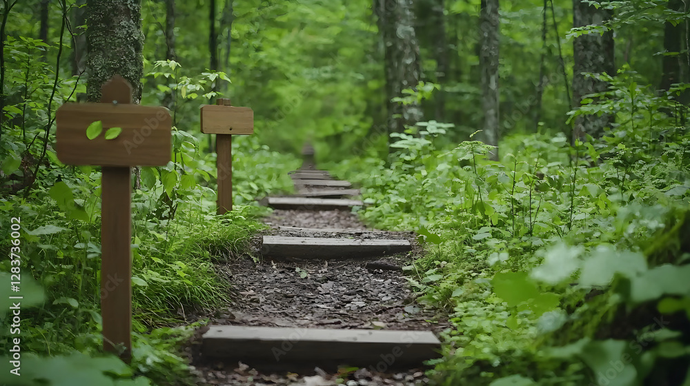 forest trail with wooden signs promoting sustainability, surrounded by lush greenery