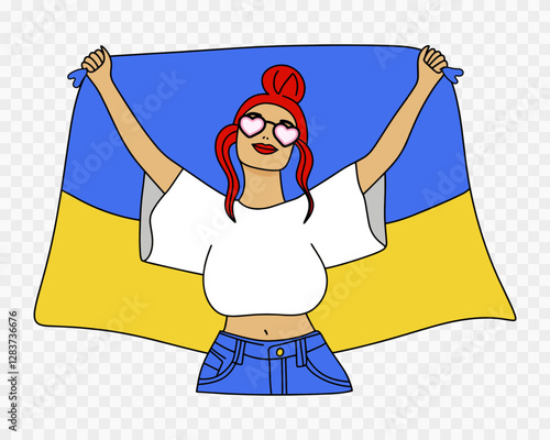 Female fan at a tournament with flag Ukraine. A fan at a football or basketball tournament. Vector