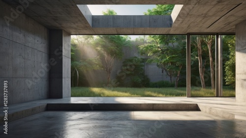 Empty Concrete Room with Sunlight Streaming Through Openings and View of Green Trees and Grassy Lawn in Modern Architectural Design