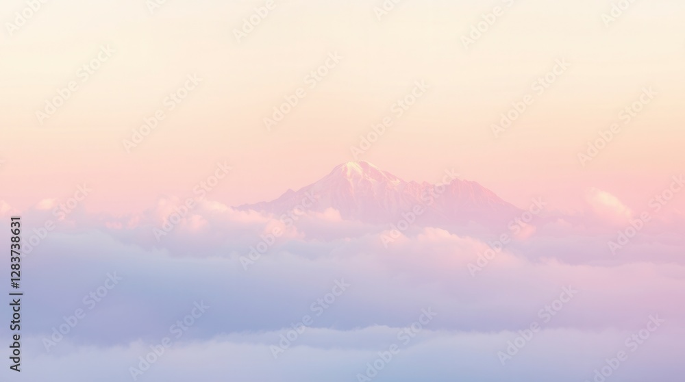 Majestic mountain peak emerges through a dreamy, pastel cloudscape during a serene sunrise.