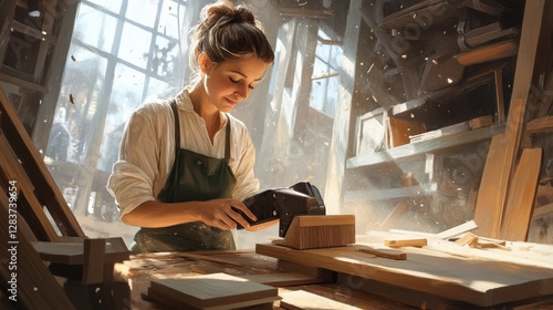 Skilled Female Artisan Sanding Wood in Modern Workshop Environment