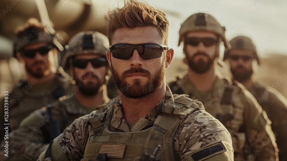 A group of military personnel stands confidently in tactical gear, portraying strength, camaraderie, and readiness for action in a challenging environment. A group of military personnel stands confidently in tactical gear, portraying strength, camaraderie, and readiness for action in a challenging environment.