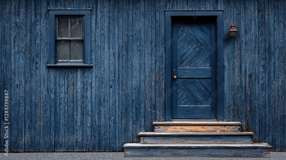 Rustic blue wooden door with steps and window on weathered timber wall, creating a charming and inviting entrance for any home or building style. Rustic blue wooden door with steps and window on weathered timber wall, creating a charming and inviting entrance for any home or building style.