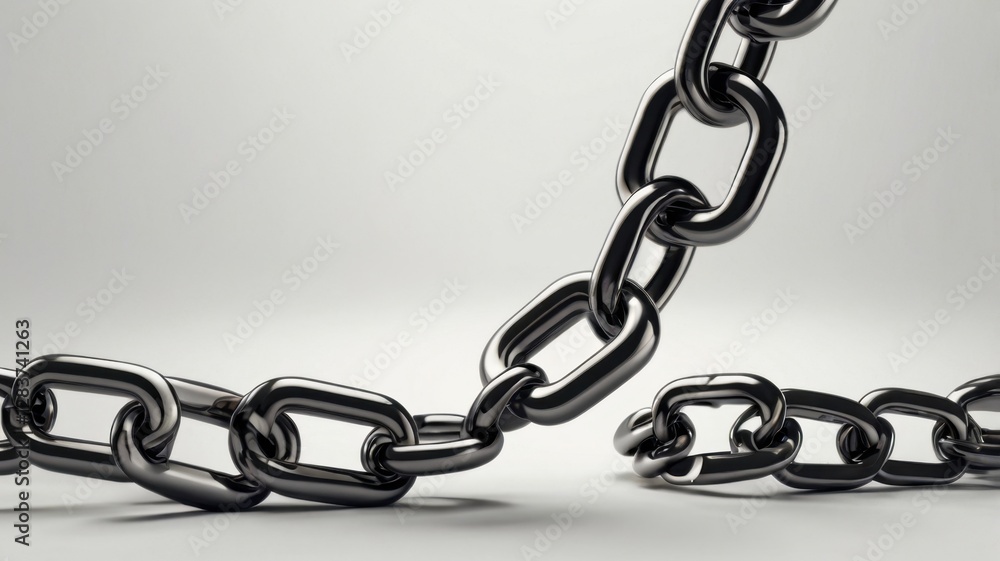Fototapeta premium Metal Chain with Broken Link in Gray Metallic Tone Isolated on White Background