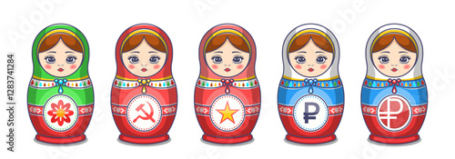 Vector set of cartoon russian cute national nesting dolls. Collection of matryoshka toys. Symbols digital ruble, star, sickle and hammer. Flower. Isolated white background