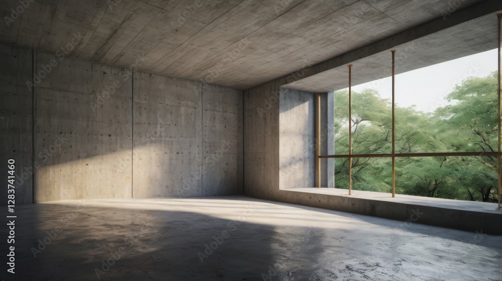 Minimalist Empty Concrete Room with Large Window Overlooking Green Trees and Natural Light Streaming onto the Floor Minimalist Empty Concrete Room with Large Window Overlooking Green Trees and Natural Light Streaming onto the Floor