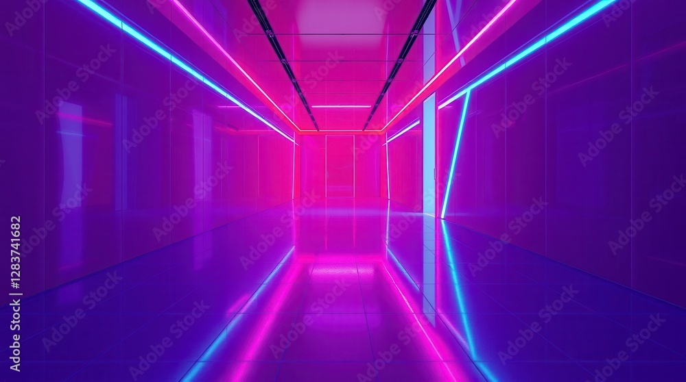 Illuminated corridor with neon lights showcases a vibrant, futuristic design with pink, purple, and blue hues. Illuminated corridor with neon lights showcases a vibrant, futuristic design with pink, purple, and blue hues.