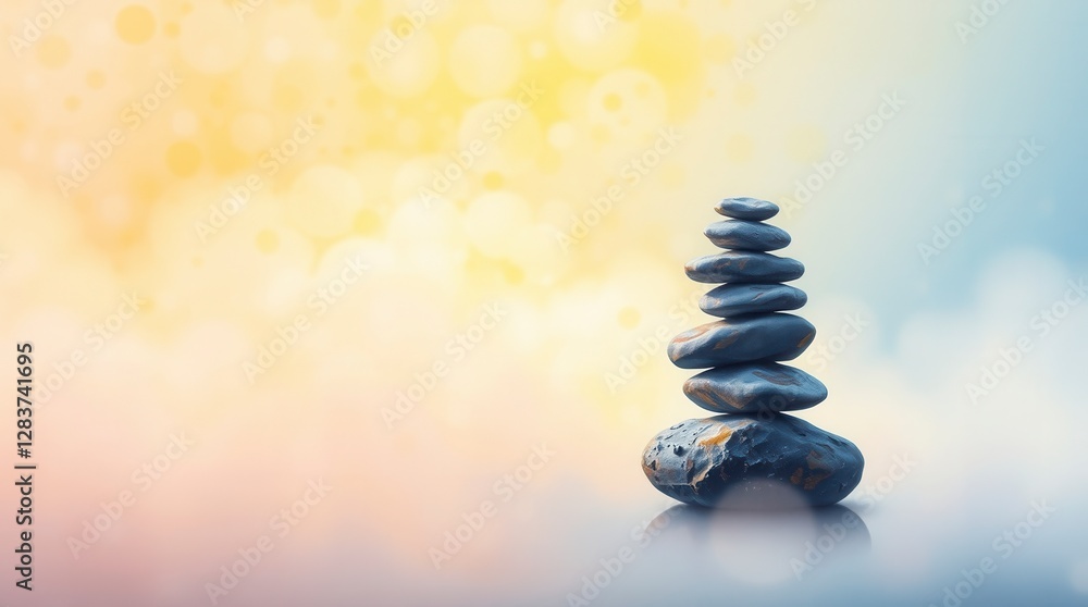 Obraz premium Balanced stones stacked create a tower of tranquility and peace against a bokeh background.