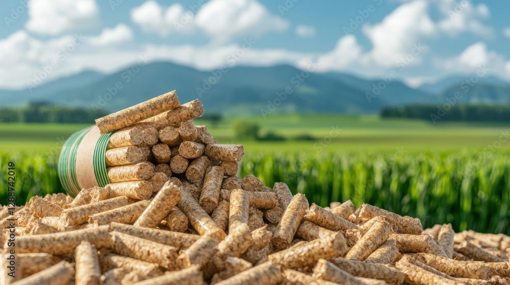 Wood pellets used for biomass energy, with a backdrop of nature and green strategies for CO2 reduction and sustainability Wood pellets used for biomass energy, with a backdrop of nature and green strategies for CO2 reduction and sustainability