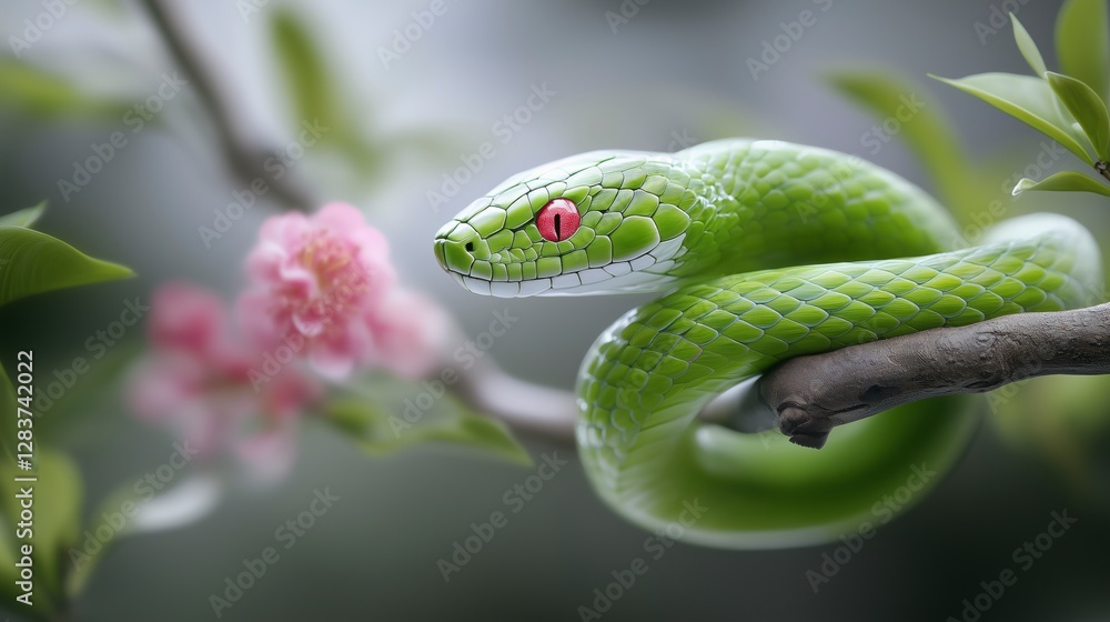 Fototapeta premium Green snake is on a branch with pink flowers