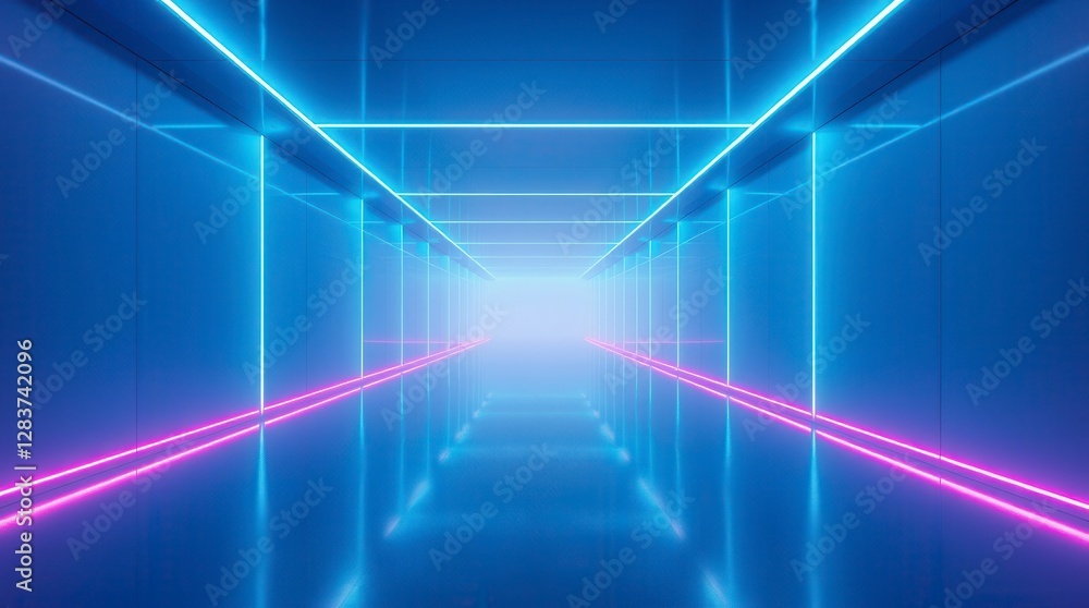A futuristic hallway glows with neon lights, creating a vibrant and modern architectural design. A futuristic hallway glows with neon lights, creating a vibrant and modern architectural design.