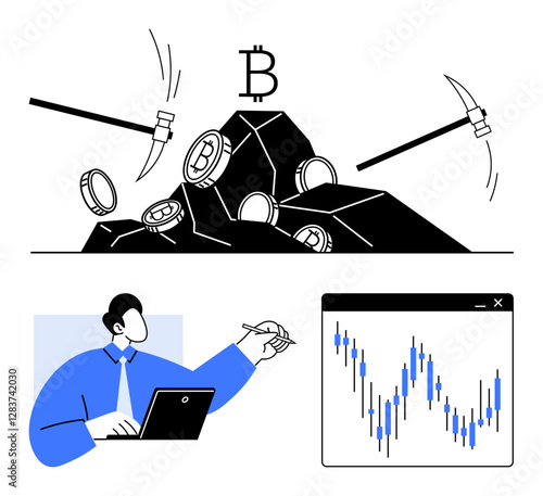 Man using laptop, analyzing market graph, pickaxes mining Bitcoin beside coin pile, indicating cryptocurrency trends. Ideal for financial analysis, digital currency, blockchain technology