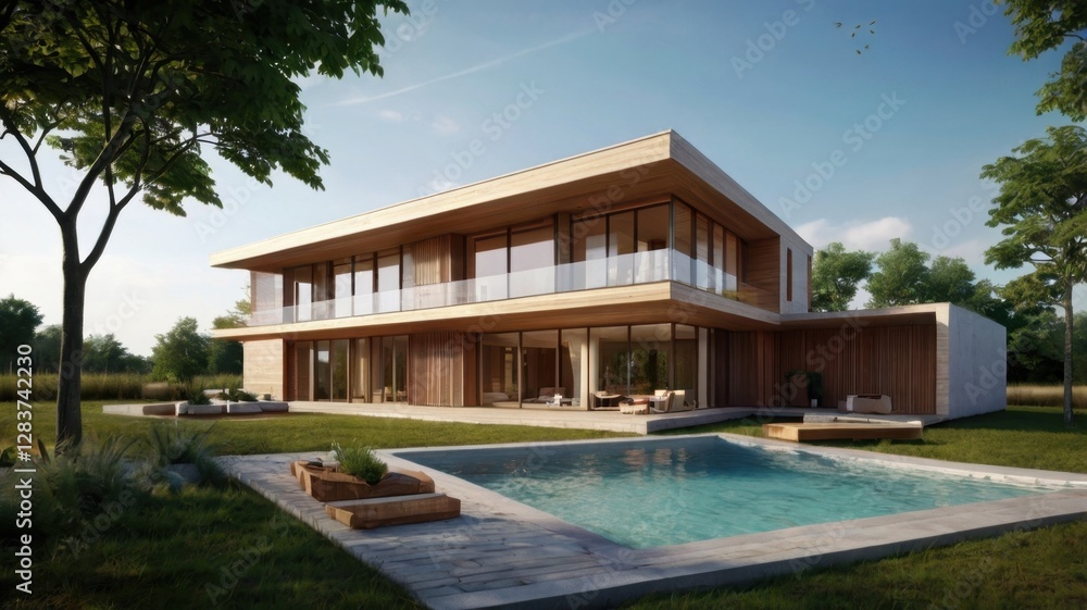 Fototapeta premium Modern Wooden House with Swimming Pool and Green Lawn Under Blue Sky on a Sunny Day in a Tranquil Suburban Setting