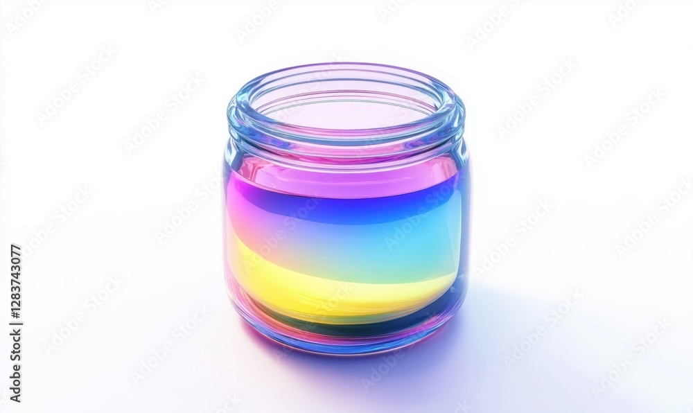 Empty glass jar with iridescent rainbow reflection on white background for product mockup Empty glass jar with iridescent rainbow reflection on white background for product mockup