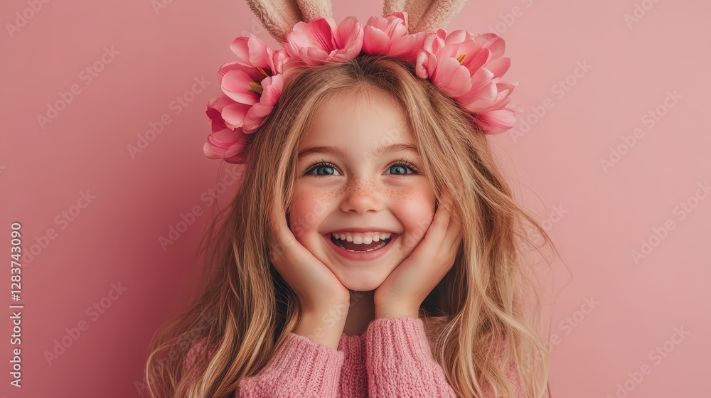 In this captivating image, a young girl with a floral crown beams with joy, her genuine smile and innocence captured beautifully against a soft pink backdrop, exuding charm and warmth. In this captivating image, a young girl with a floral crown beams with joy, her genuine smile and innocence captured beautifully against a soft pink backdrop, exuding charm and warmth.