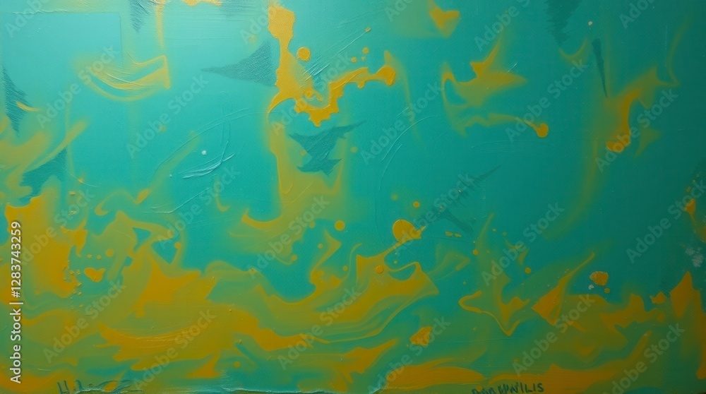 Abstract painting in vibrant teal with golden swirls and dots offers a modern art feel. Abstract painting in vibrant teal with golden swirls and dots offers a modern art feel.