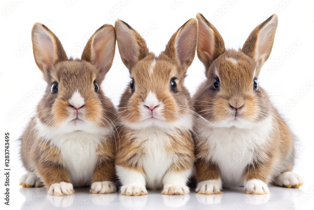 Fototapeta premium Three Bunnies in a Row: A portrait of three adorable bunnies, each with unique fur patterns, sitting together in a charming and endearing pose. Evoking feelings of warmth and companionship.