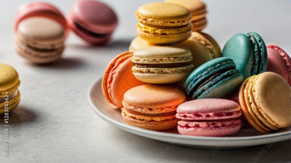 Obraz premium Stack of Colorful Macarons on a White Plate Delicious French Dessert Treat with a Variety of Colors and Flavors Close Up Studio Shot