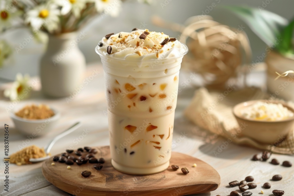 Refreshing Iced Coffee Beverage with Whipped Cream and Toppings Refreshing Iced Coffee Beverage with Whipped Cream and Toppings