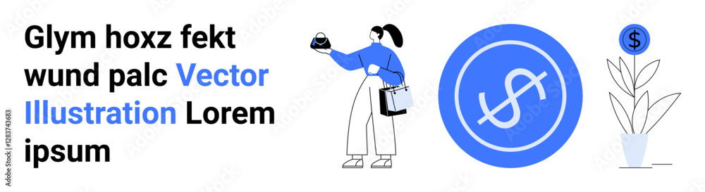 Woman holding a money pouch, dollar coin in circular design, plant sprouting with dollar sign. Ideal for finance, investment, savings, growth, economy, business flat landing page banner Woman holding a money pouch, dollar coin in circular design, plant sprouting with dollar sign. Ideal for finance, investment, savings, growth, economy, business flat landing page banner