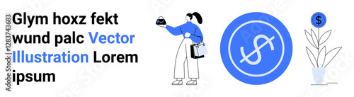 Woman holding a money pouch, dollar coin in circular design, plant sprouting with dollar sign. Ideal for finance, investment, savings, growth, economy, business flat landing page banner