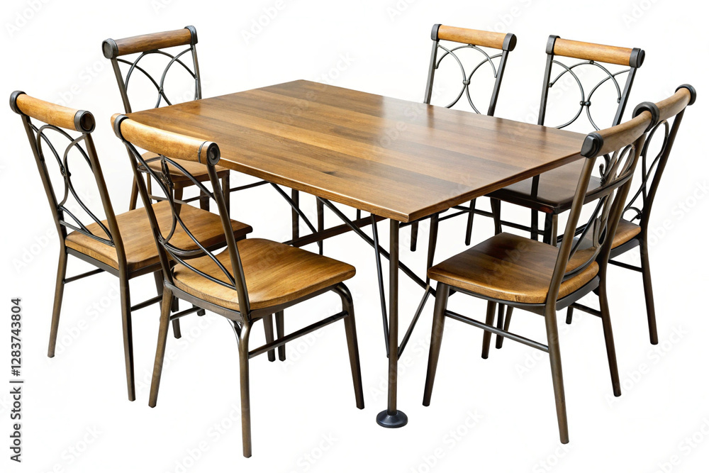 Wooden Dining Set: An elegant wooden dining table, surrounded by a set of complementary chairs, perfect for a cozy and inviting dining space. Wooden Dining Set: An elegant wooden dining table, surrounded by a set of complementary chairs, perfect for a cozy and inviting dining space.