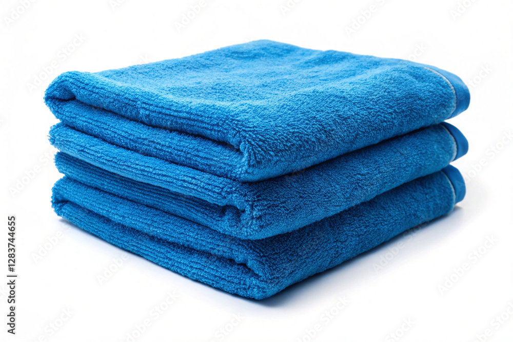 Stacked Towels: A neat stack of three vibrant blue towels, meticulously folded, evokes a sense of cleanliness, relaxation, and comfort. Stacked Towels: A neat stack of three vibrant blue towels, meticulously folded, evokes a sense of cleanliness, relaxation, and comfort.