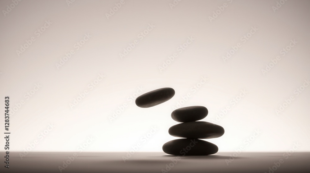 A serene stone cairn features a balanced rock formation and a levitating element on a plain background. A serene stone cairn features a balanced rock formation and a levitating element on a plain background.
