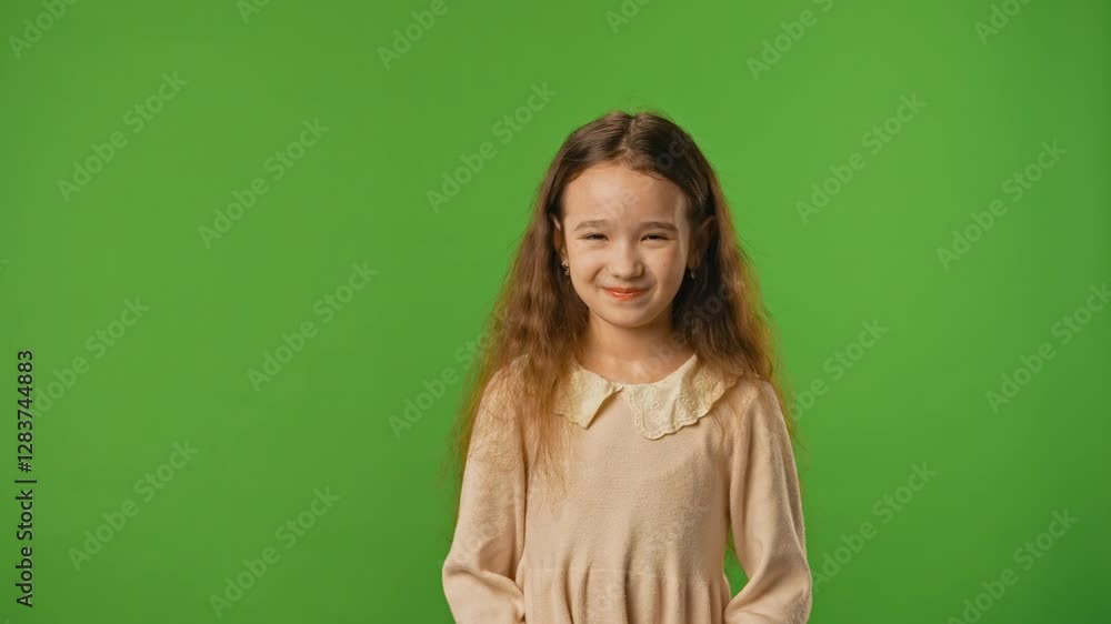 Little girl child in shirt standing looking at camera and smiling, positive expression, isolated on chroma key green screen studio background mockup. Little girl child in shirt standing looking at camera and smiling, positive expression, isolated on chroma key green screen studio background mockup.