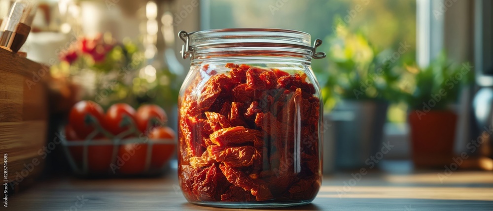 A glass jar on a wooden kitchen counter is filled with sun-dried tomatoes, basking in warm daylight, surrounded by fresh produce and plants. A glass jar on a wooden kitchen counter is filled with sun-dried tomatoes, basking in warm daylight, surrounded by fresh produce and plants.