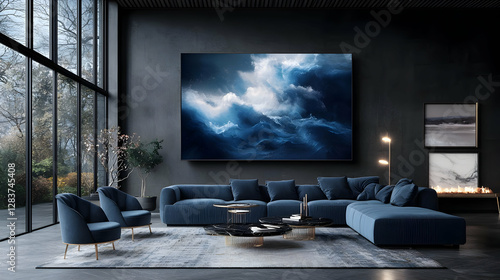 Modern living room with large abstract blue cloud artwork photo