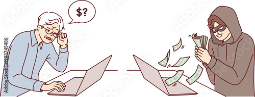 Hacker steals money from elderly man using laptop with internet, via psychological manipulation and scam techniques. Robbed grandfather trusted anonymous chat interlocutor and sent savings to hacker