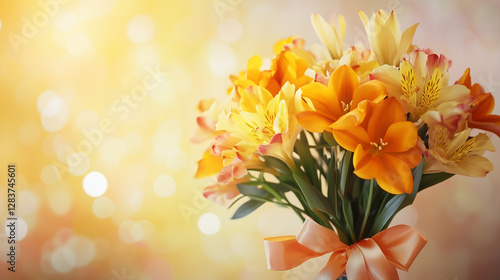 A vibrant bouquet of  flowers with an elegant silk ribbon, celebrating the strength and beauty of women.
