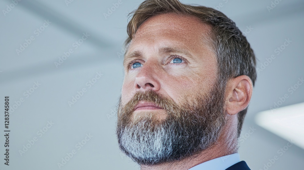 Obraz premium Businessman focused, indoors, looking up, thoughtful pose