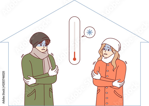 Fotografia Cold temperature in residential building with shivering man and woman, freezing due to lack of central heating