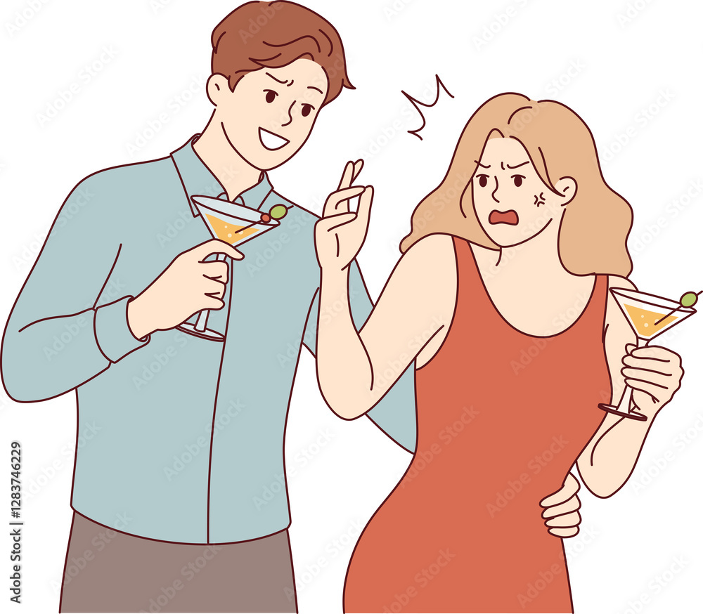 Harassment during party from man showing signs of attention to woman who does not want to communicate. Problem of harassment and crossing personal boundaries in bars due to alcohol consumption Harassment during party from man showing signs of attention to woman who does not want to communicate. Problem of harassment and crossing personal boundaries in bars due to alcohol consumption