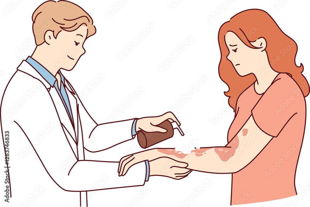 Dermatologist treats eczema on hands of woman suffering from skin disease and pigmentation spots. Man doctor in white coat uses spray for eczema, applied medicinal ointment to body of upset girl Dermatologist treats eczema on hands of woman suffering from skin disease and pigmentation spots. Man doctor in white coat uses spray for eczema, applied medicinal ointment to body of upset girl