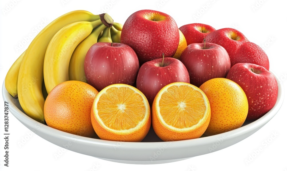 Fresh fruit platter with apples, bananas, and oranges on white Fresh fruit platter with apples, bananas, and oranges on white