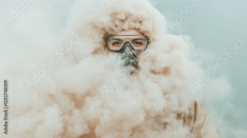 This image captures an individual wearing a protective gas mask and gear, shrouded within dense smoke, highlighting themes of safety, isolation, and environmental concern. photo