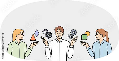 Team of people are discussing business management and consulting with specialist, standing near gears. Successful male manager explains to girls rules of management in industrial sector