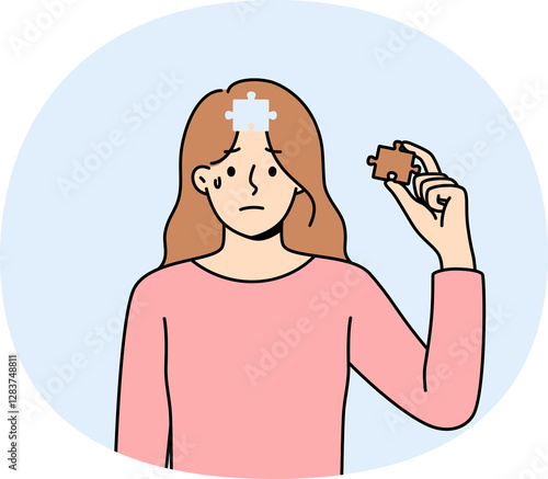 Depressed woman cries, feeling lack of motivation for development, and pulls piece of puzzle out of head. Girl with mental health disorder crying, needing support from friends and boyfriend