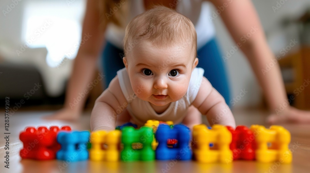 Happy Baby Crawling Towards Colorful Plastic Toys on Wooden Floor Happy Baby Crawling Towards Colorful Plastic Toys on Wooden Floor
