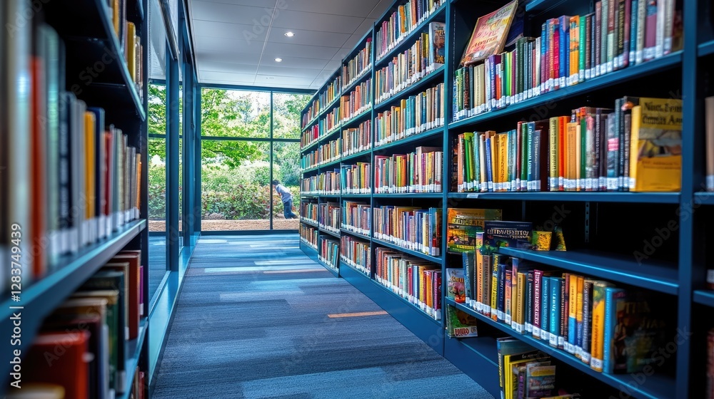 Library aisle with bookshelves, person reading by window, tranquil background Library aisle with bookshelves, person reading by window, tranquil background
