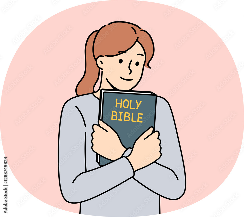 Believing woman embraces bible and feels enlightened after reading religious christian book with sermons or prayers. Holy bible in hands of teenage girl who wants to start study orthodoxy