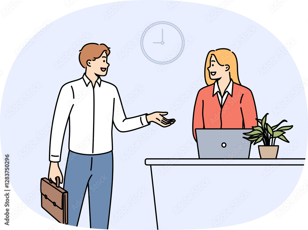 Man rents hotel room talking to administrator standing near reception desk with laptop. Successful businessman checks into hotel during corporate trip to attend professional seminar. Man rents hotel room talking to administrator standing near reception desk with laptop. Successful businessman checks into hotel during corporate trip to attend professional seminar.